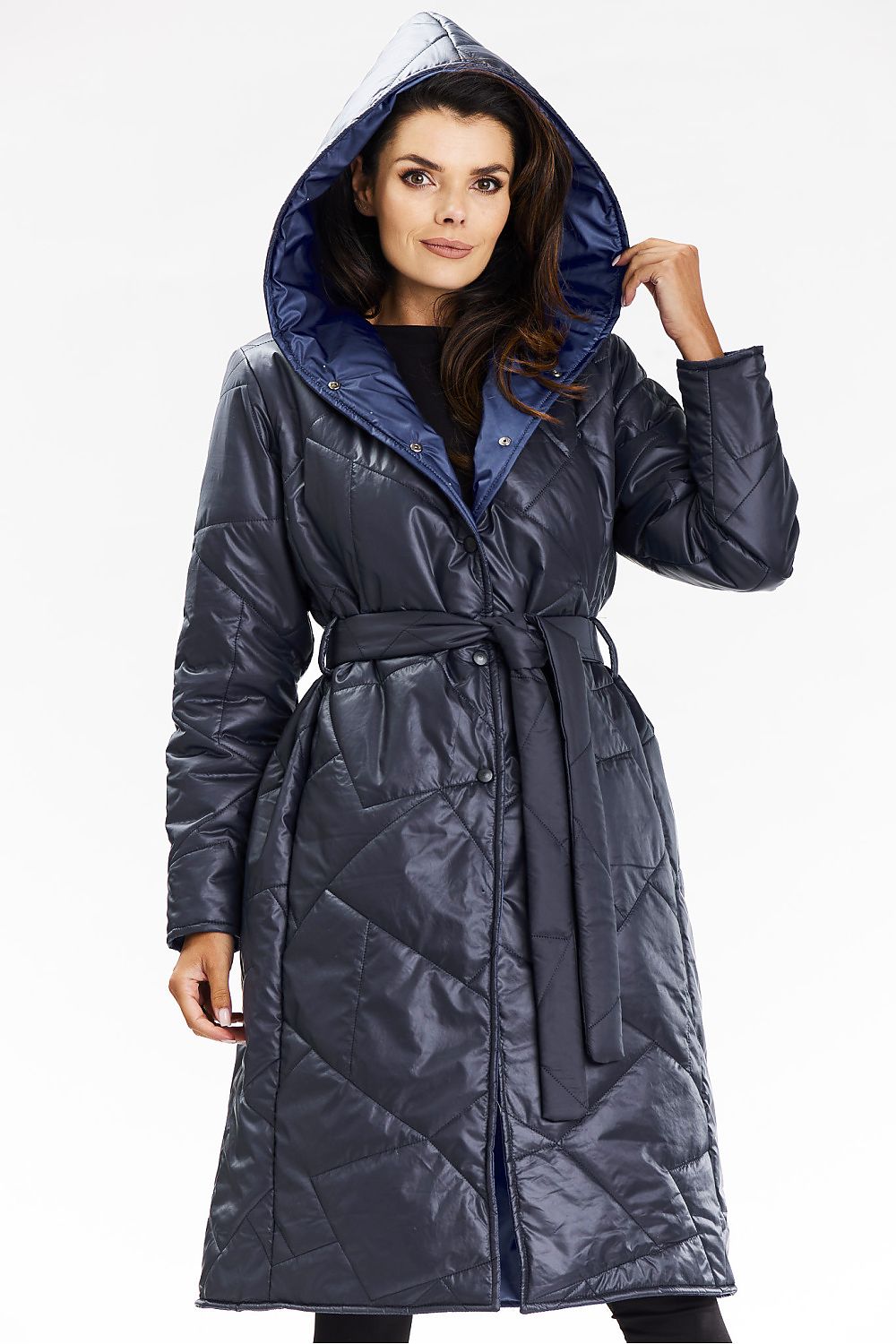 Dark blue long jacket with a belt and patterned lining