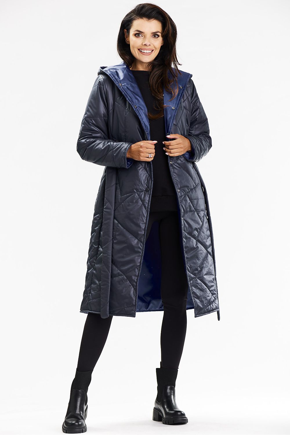 Dark blue long jacket with a belt and patterned lining