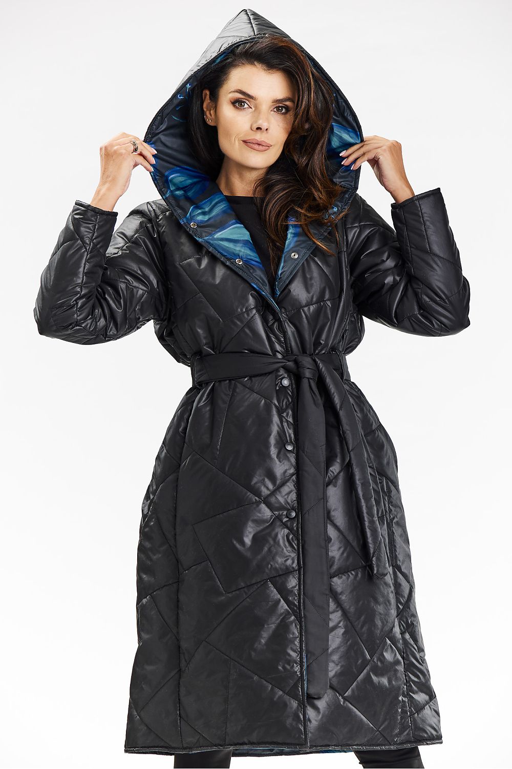 Black long stitched jacket with a belt