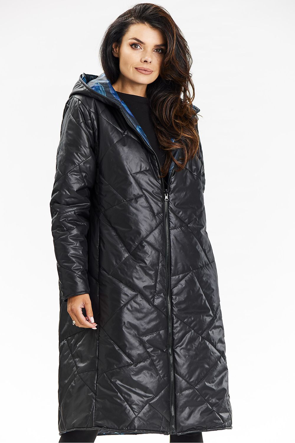 Black double-stitched jacket with a hood and leaf pattern