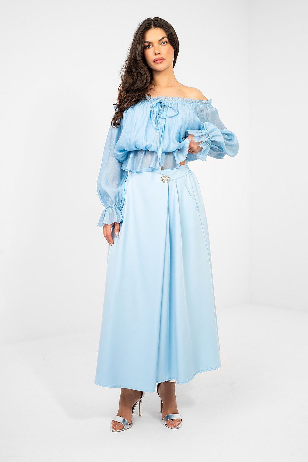 Mėlynas moteriškas midi sijonas su kišenėmis