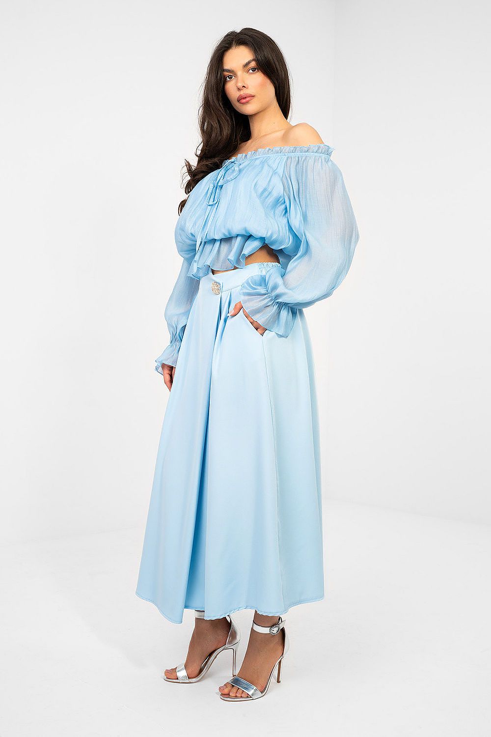 Mėlynas moteriškas midi sijonas su kišenėmis