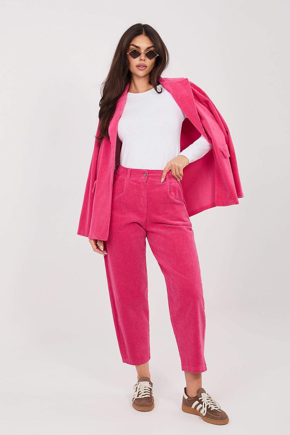 Rožinės moteriškos kelnės su aukštu liemeniu