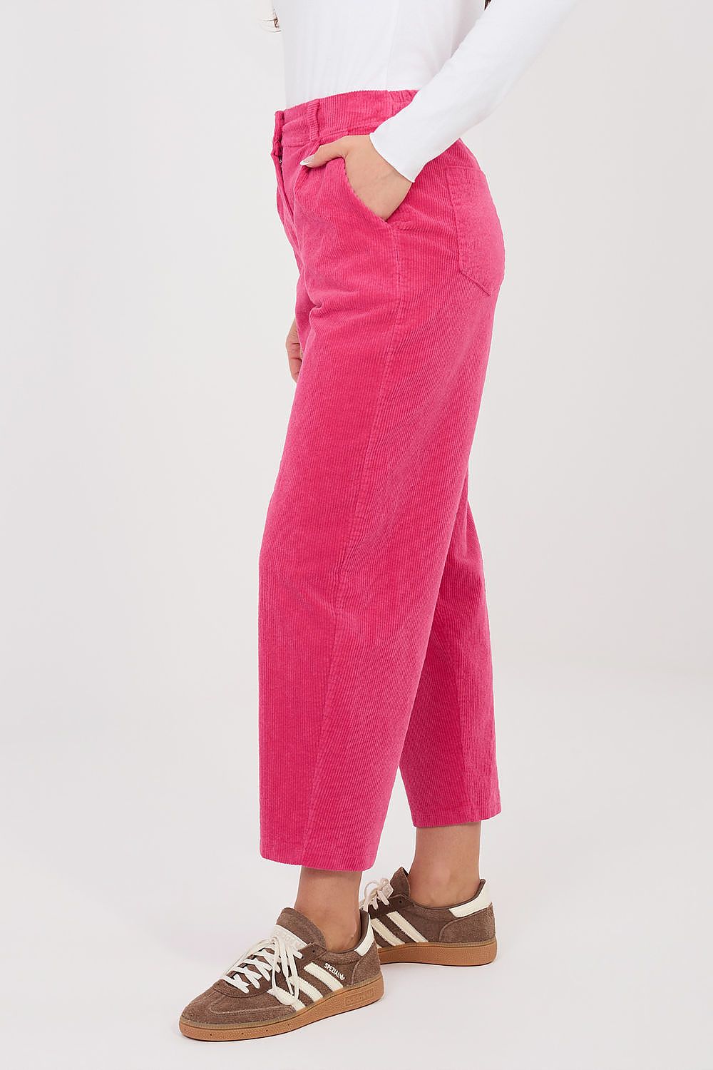 Rožinės moteriškos kelnės su aukštu liemeniu