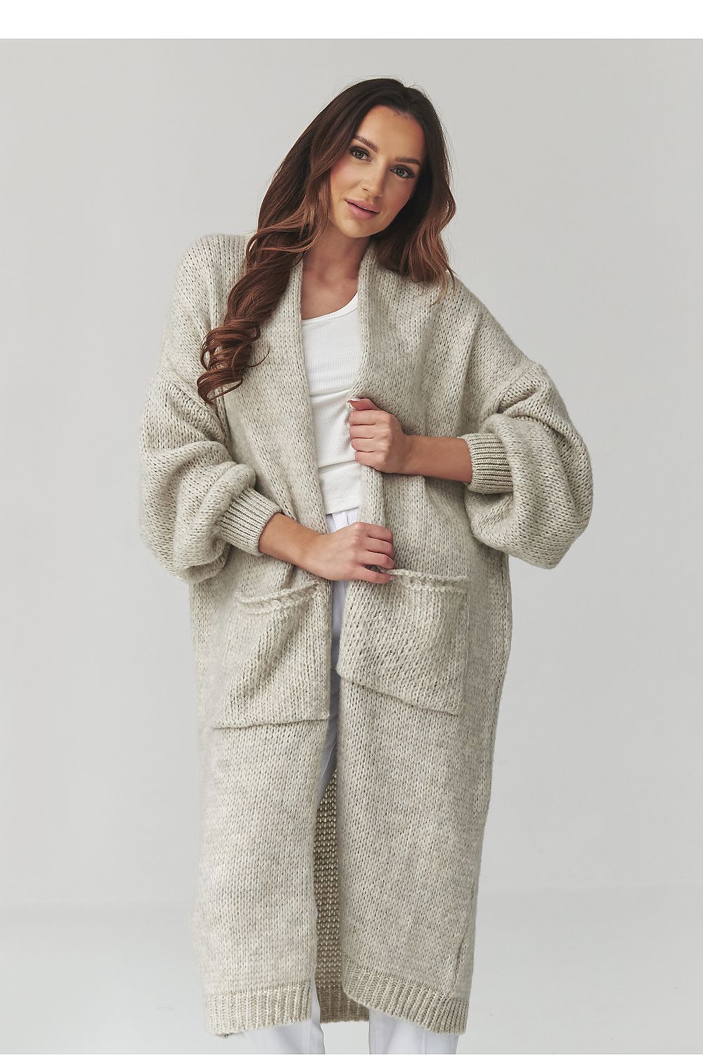 Grey long women's cardigan with large pockets