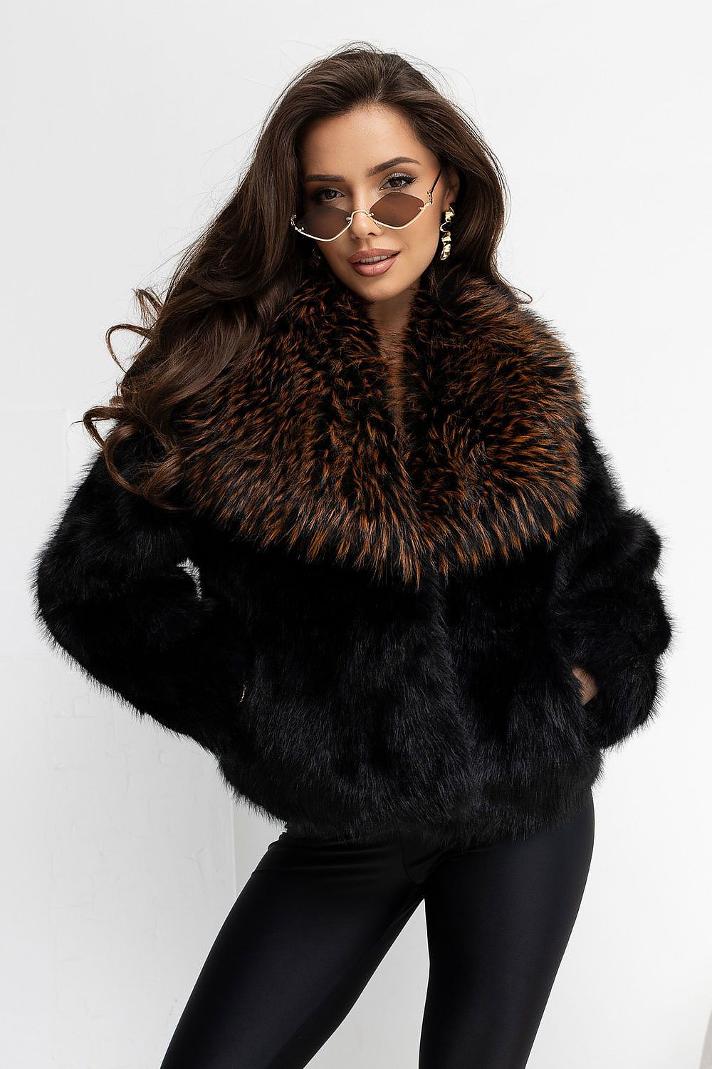 Black short faux fur coats with wool and a distinctive collar