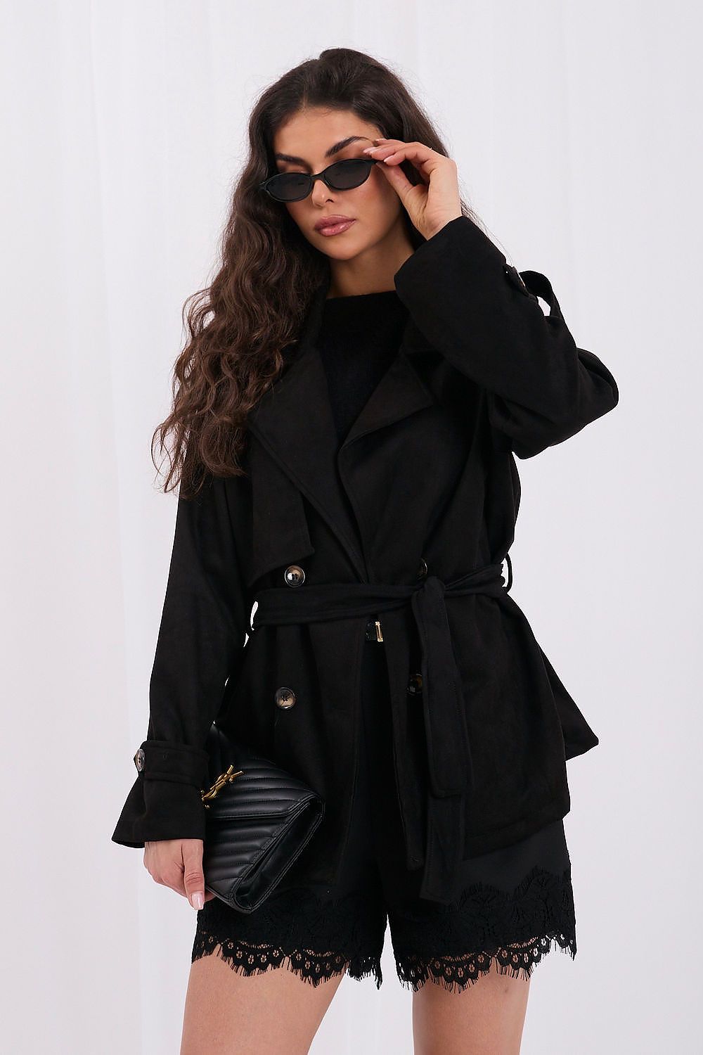 Black velour coat with belt and two-button fastening