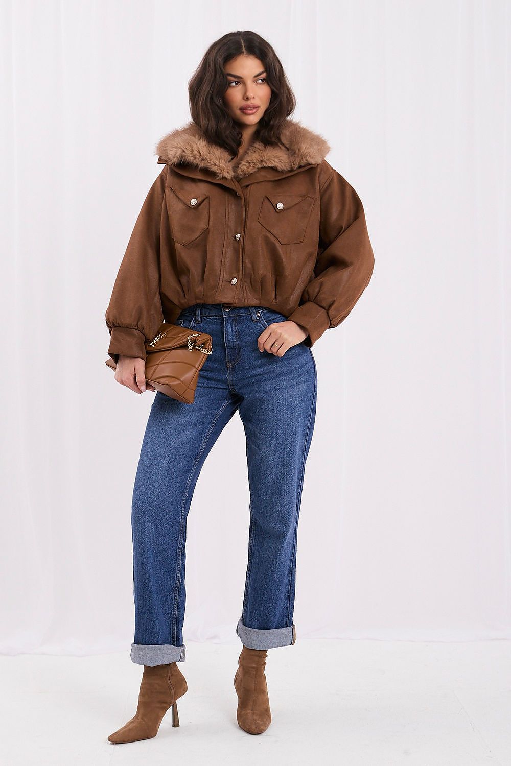 Brown cropped bomber jacket with decorative stitching