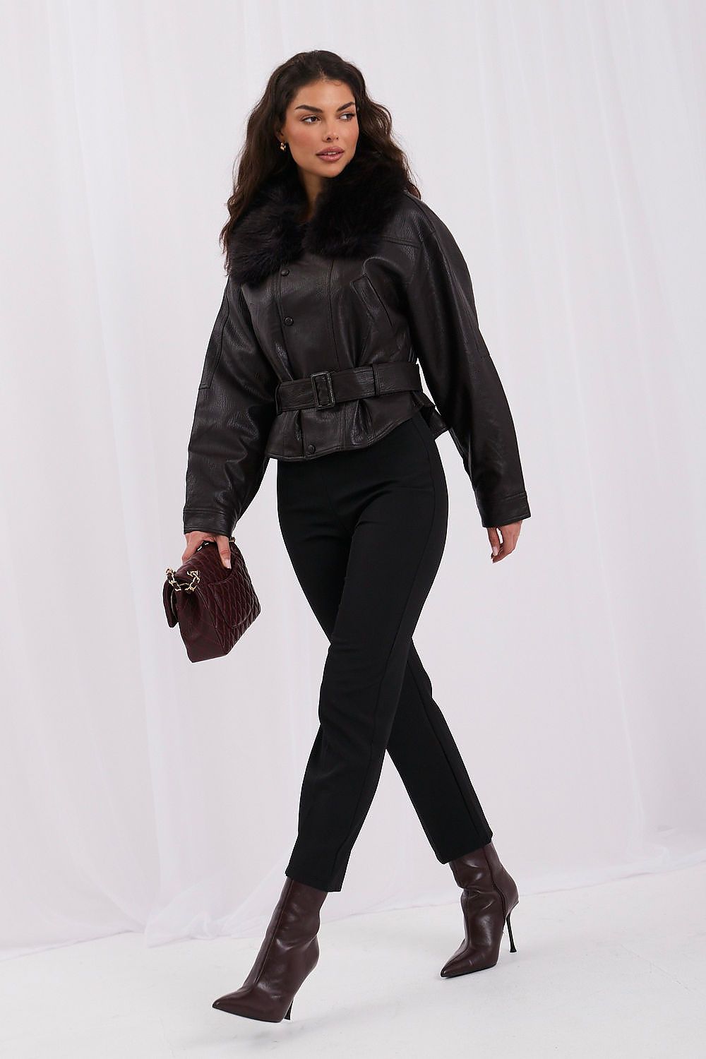 Brown faux leather jacket with a belt and removable fur collar