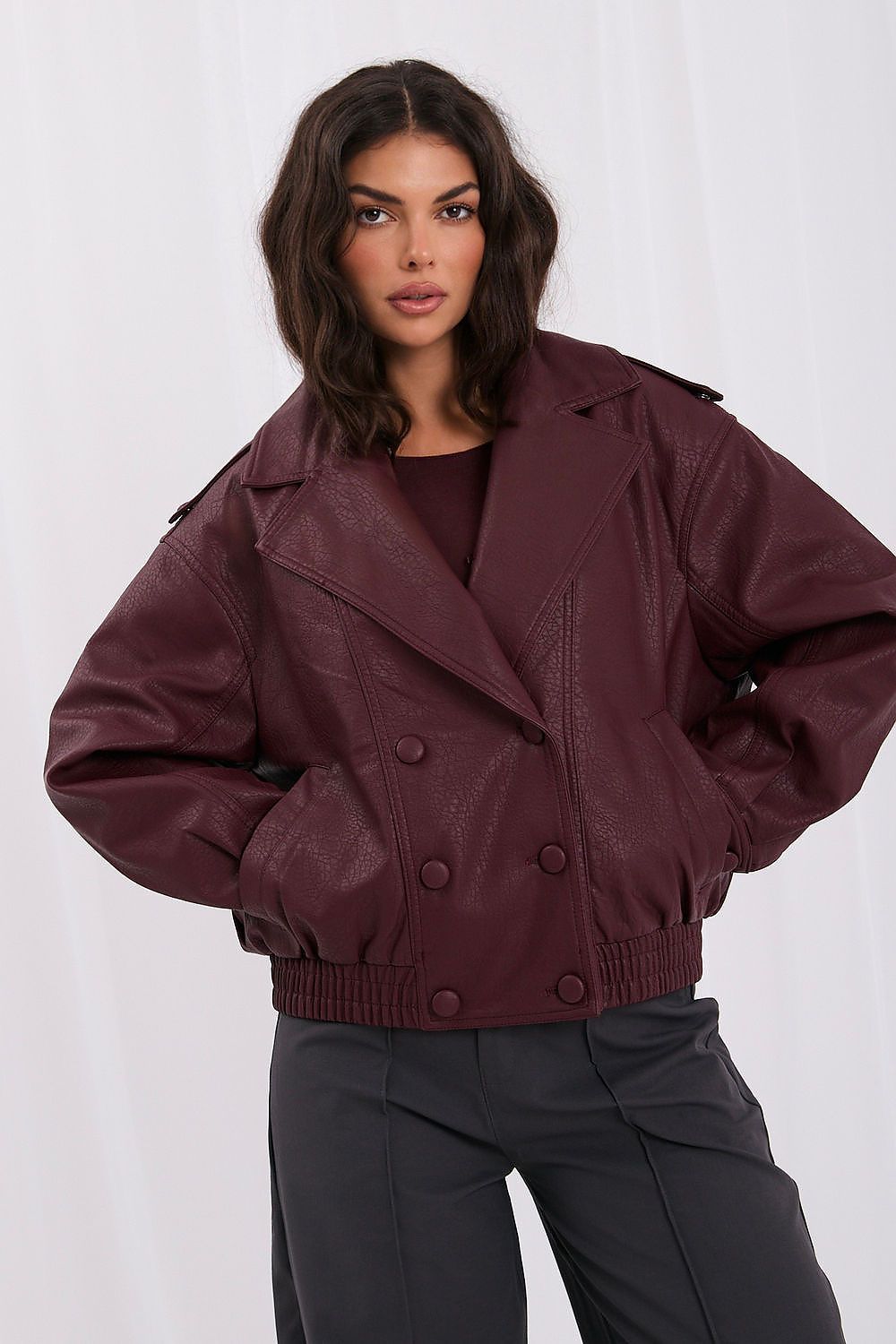 Red faux leather jacket with a removable fur collar