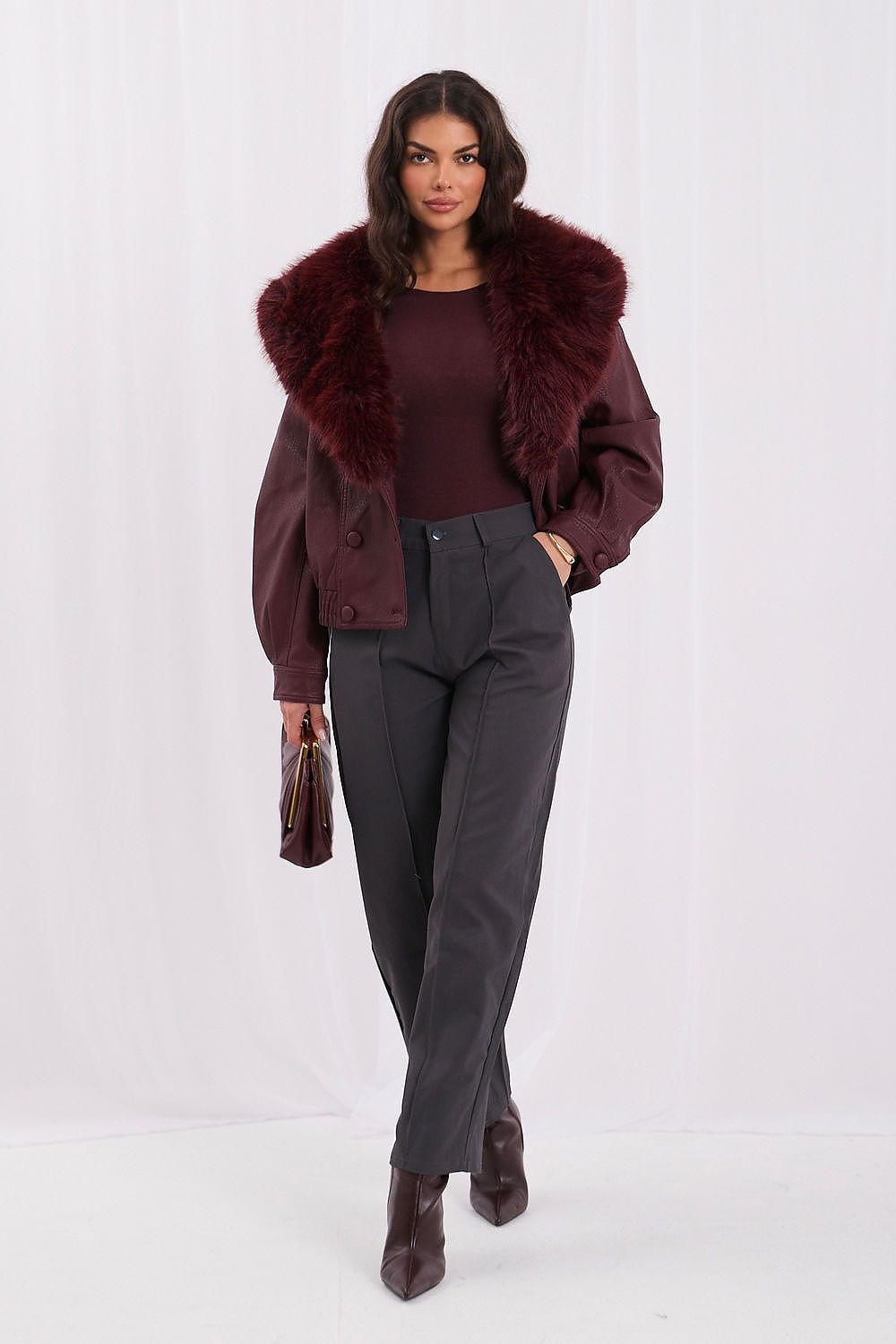 Red faux leather jacket with a removable fur collar