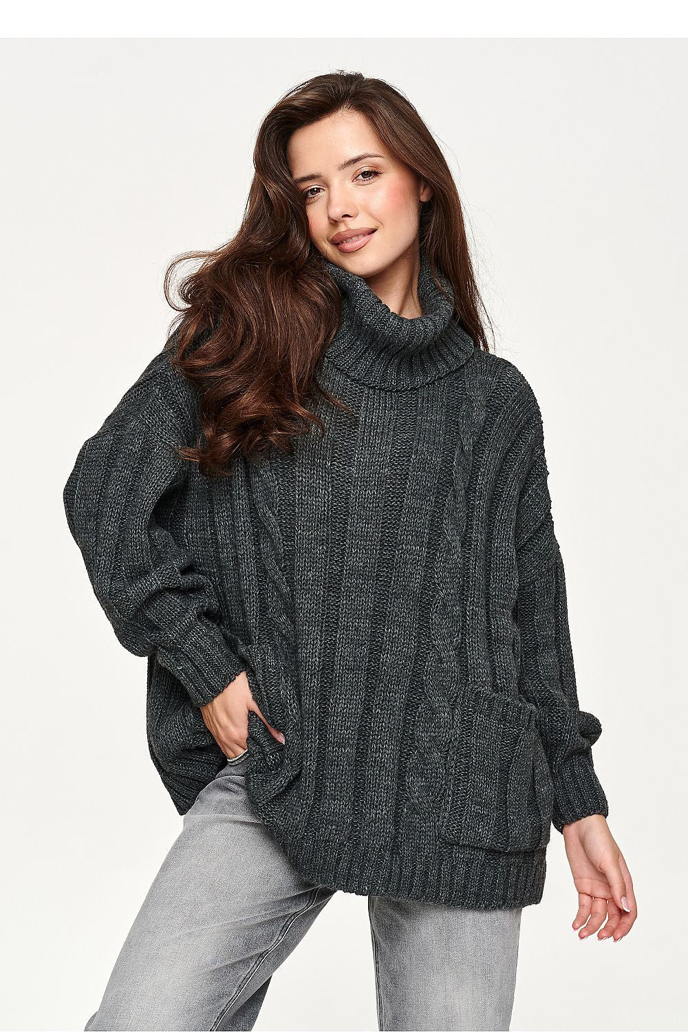 Grey textured knit sweater with dropped shoulders