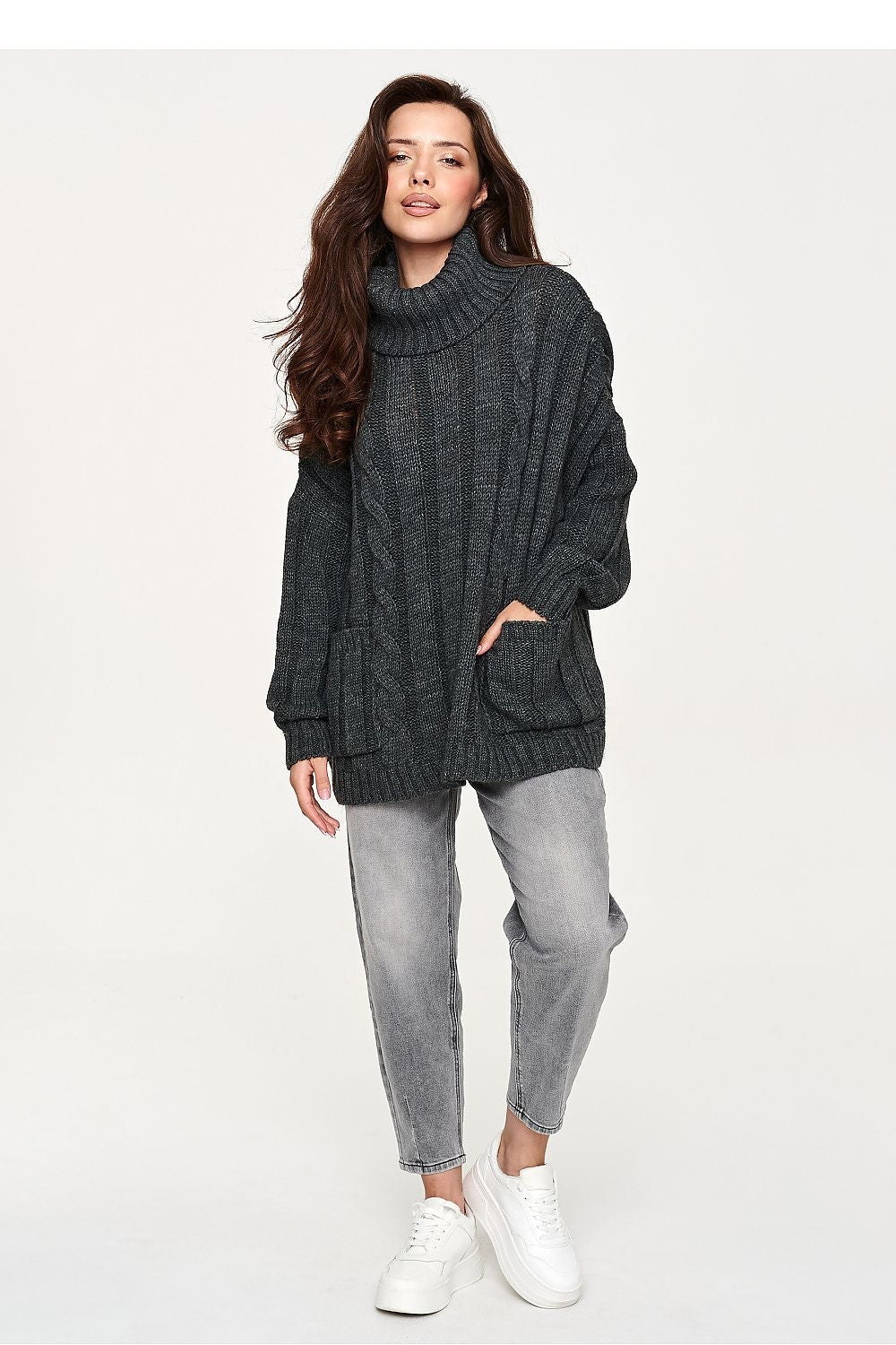 Grey textured knit sweater with dropped shoulders