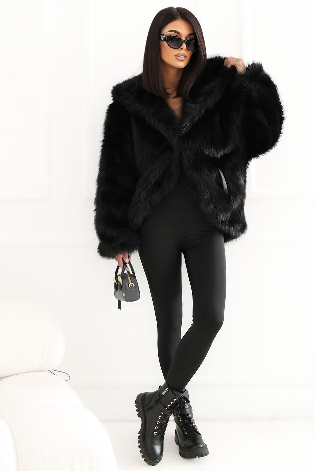 Black faux fur coat with a hood