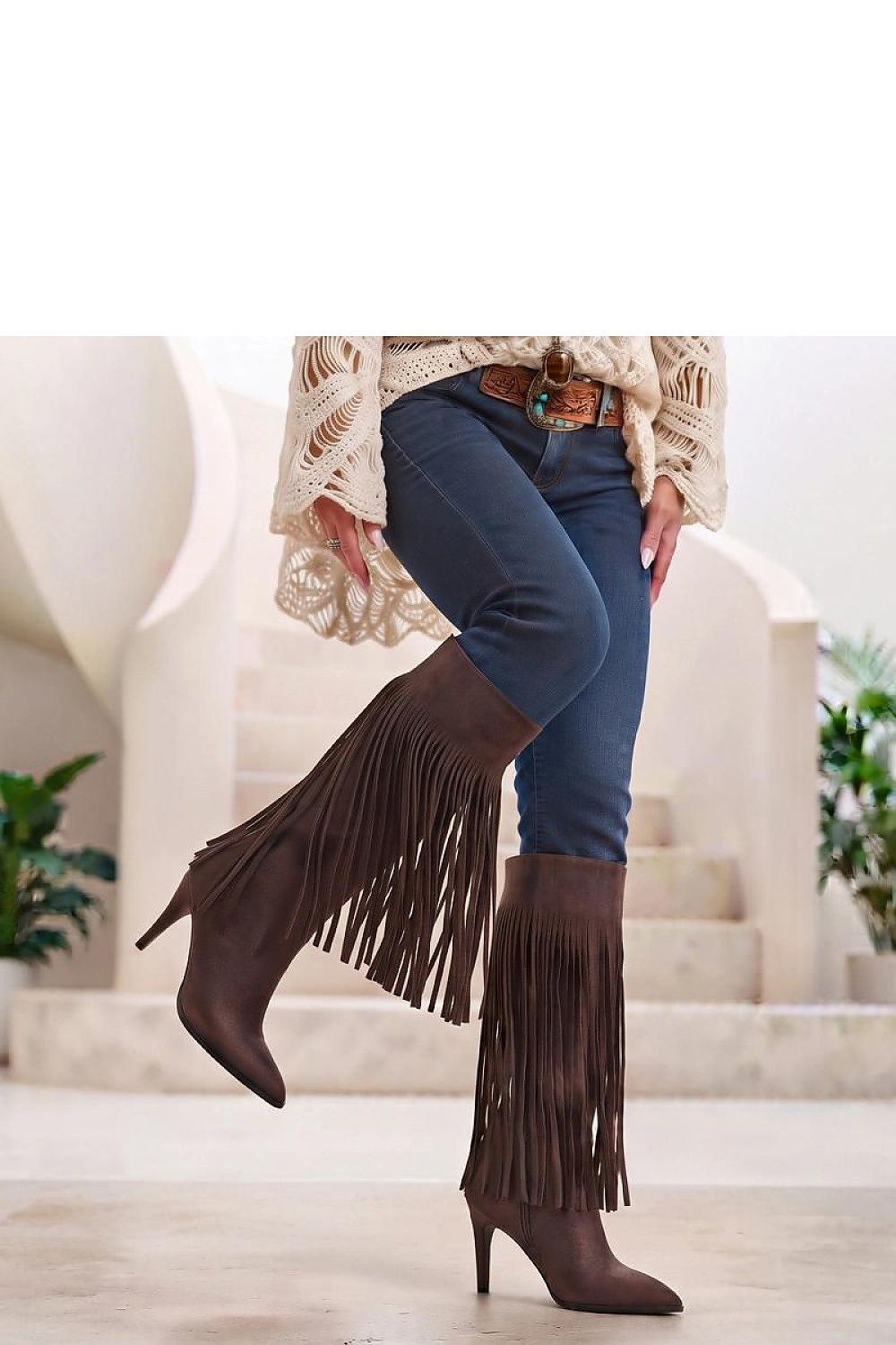 Brown faux suede long boots with fringe