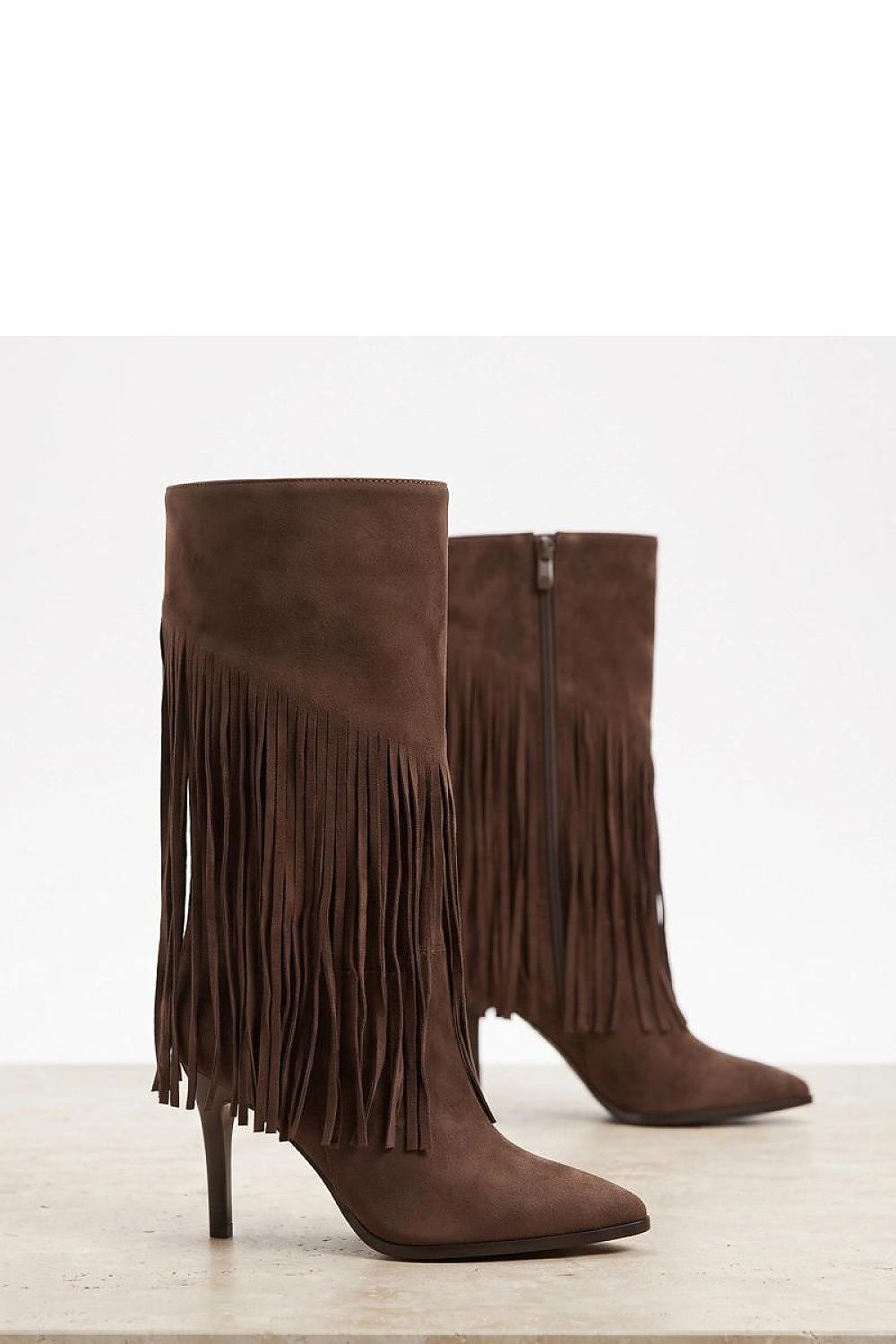 Brown faux suede long boots with fringe