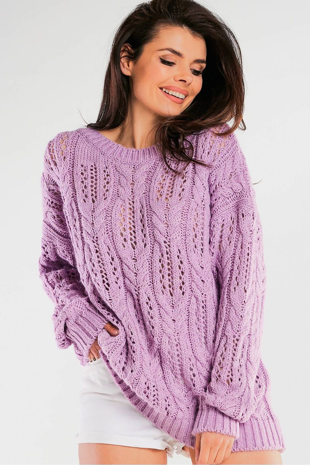 Purple lace sweater with a boat neckline